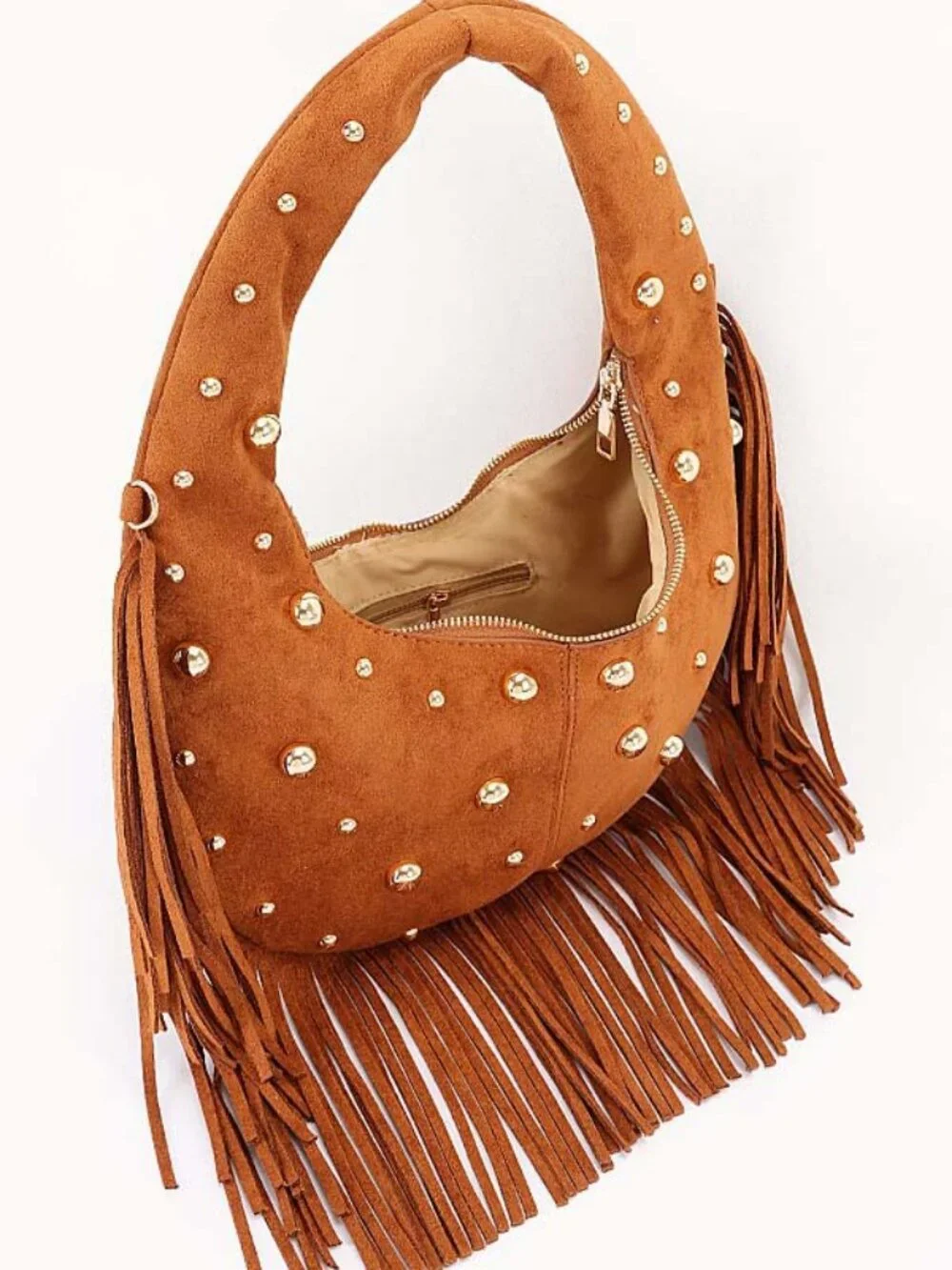 Trendy Metal Studded Fringe Hobo Bag